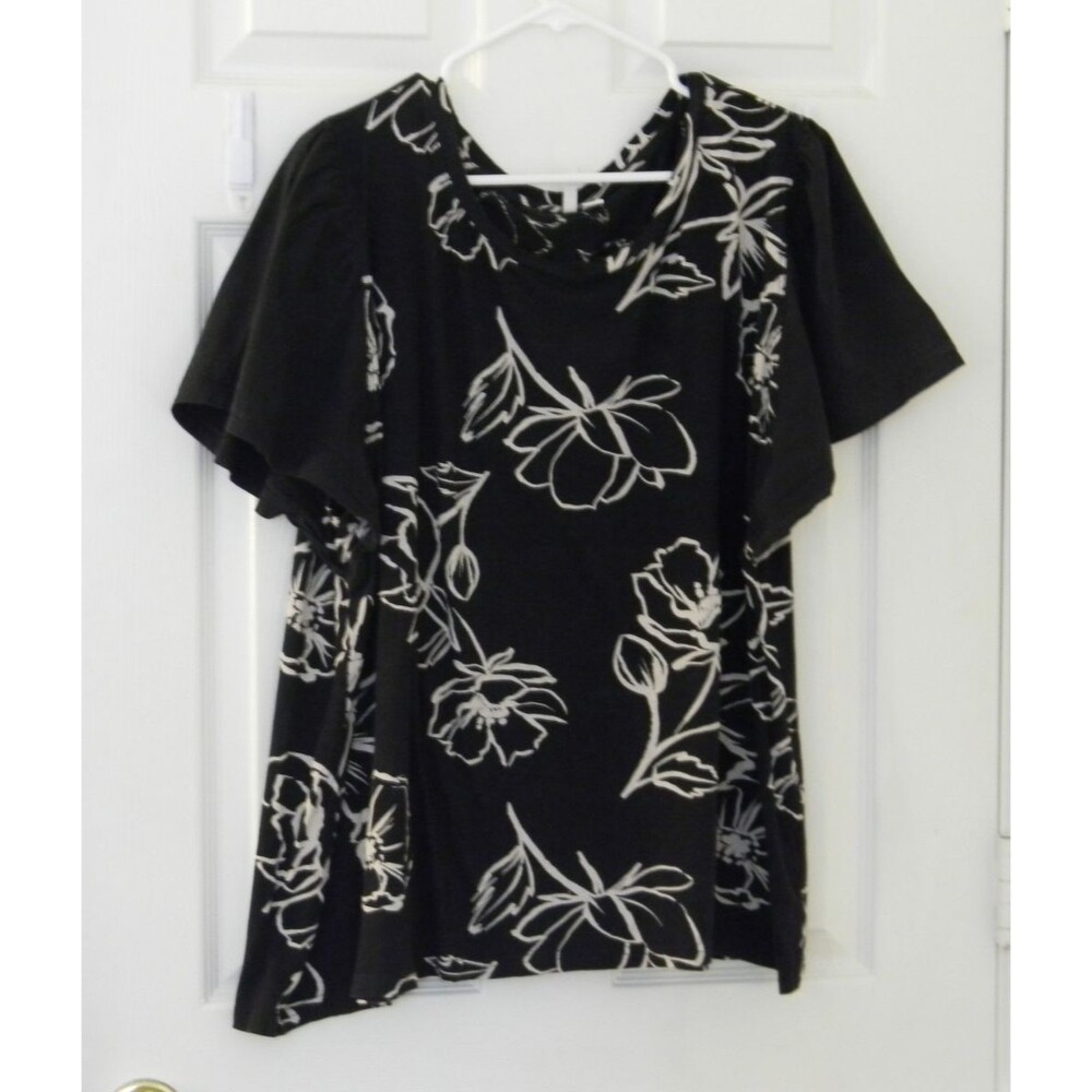 Cato Mixed Medium Black Cream Top Short Sleeve 26/28W Floral